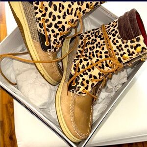 Sperry tan leopard boots